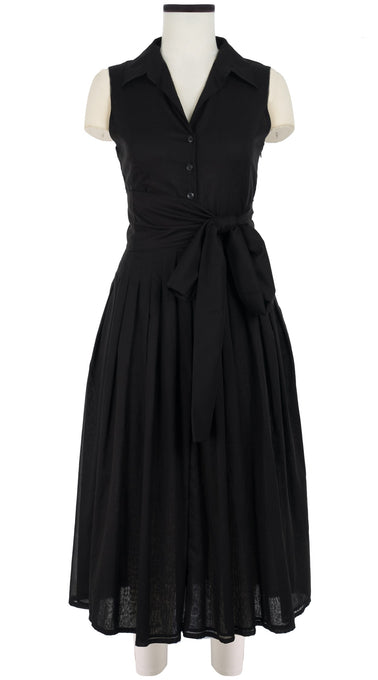Avery Dress #2 Shirt Collar Sleeveless Midi Length Cotton Musola_Solid_Black
