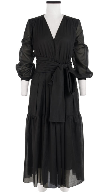Laura Dress V Neck Long Puff Sleeve Midi Plus Length Cotton Musola_Solid_Black
