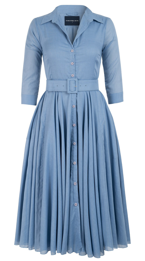 Aster Dress Shirt Collar 3/4 Sleeve Midi Length Cotton Musola_Solid_Chambray