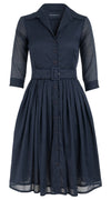 Audrey Dress #4 Shirt Collar 3/4 Sleeve Cotton Musola_Solid_Denim Blue