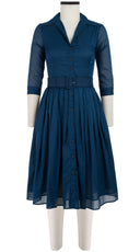 Abito Audrey #4, colletto a camicia, manica 3/4, lunghezza lunga, in cotone, tinta unita, blu denim