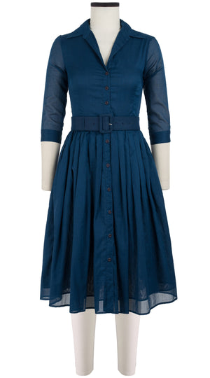 Abito Audrey #4, colletto a camicia, manica 3/4, lunghezza lunga, in cotone, tinta unita, blu denim