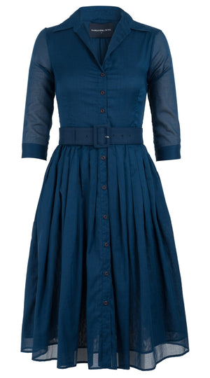 Abito Audrey #4, colletto a camicia, manica 3/4, lunghezza lunga, in cotone, tinta unita, blu denim