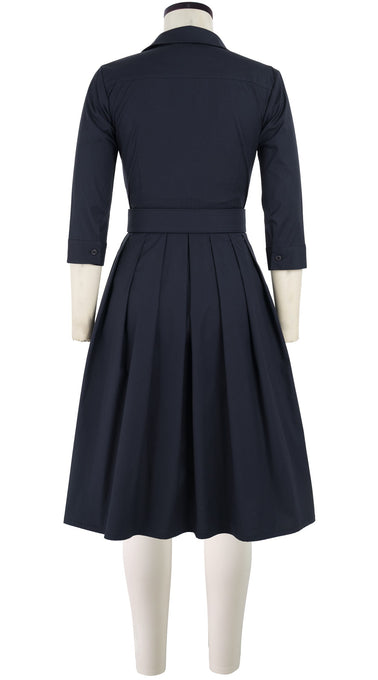 Audrey Dress #1 Shirt Collar 3/4 Sleeve Cotton Stretch_Solid_Indigo