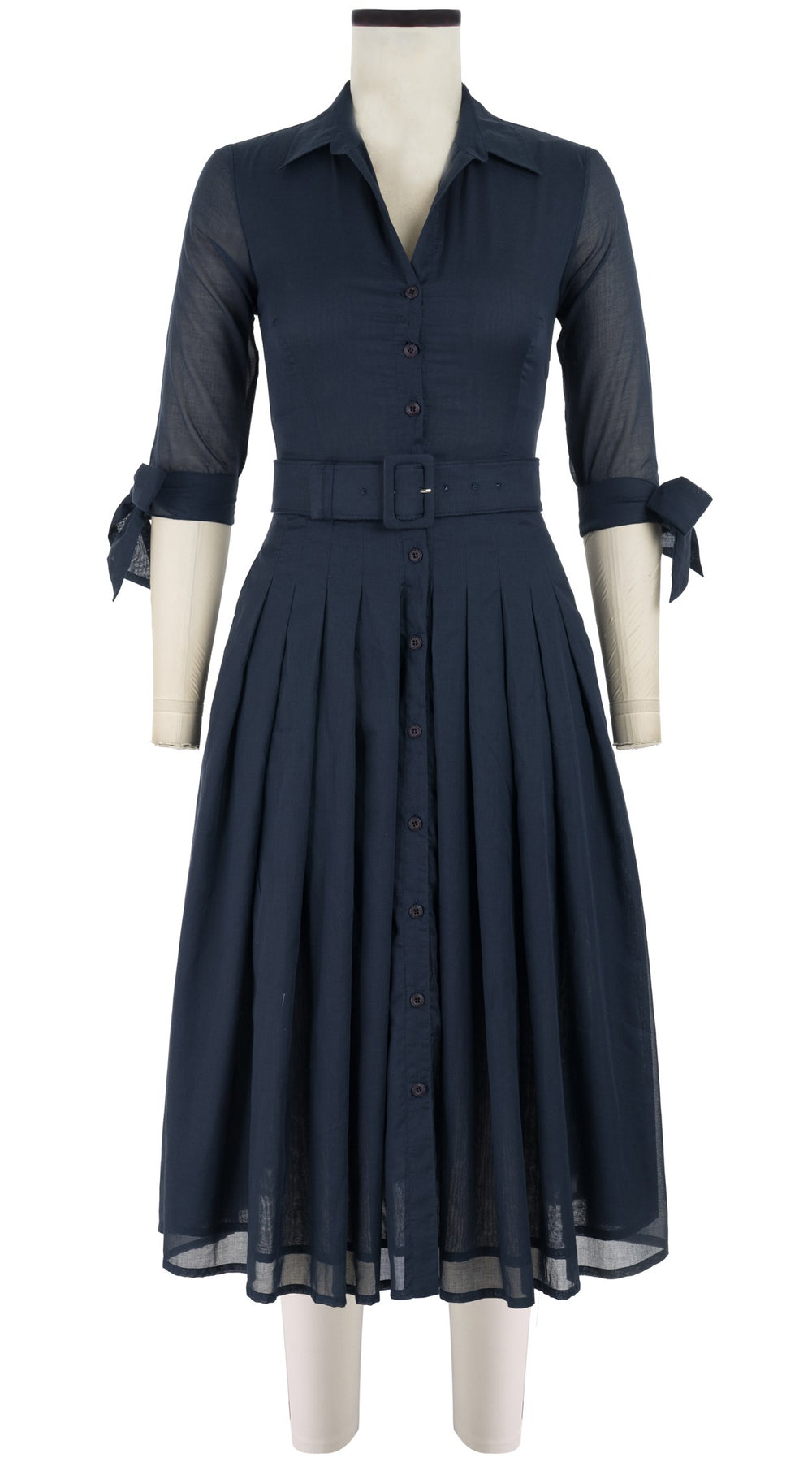 Audrey Dress #4 Shirt Collar 3/4 Tie Sleeve Midi Length Cotton Musola_Solid_Indigo