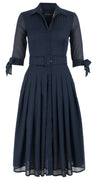 Audrey Dress #4 Shirt Collar 3/4 Tie Sleeve Midi Length Cotton Musola_Solid_Indigo
