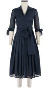 Audrey Dress #4 Shirt Collar 3/4 Tie Sleeve Midi Length Cotton Musola_Solid_Indigo