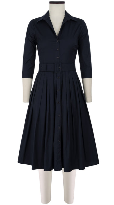 Audrey Dress #2 Shirt Collar 3/4 Sleeve Cotton Stretch_Solid_Indigo