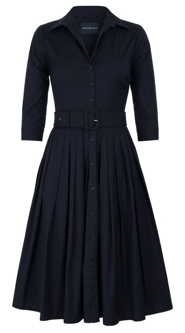 Audrey Dress #2 Shirt Collar 3/4 Sleeve Cotton Stretch_Solid_Indigo