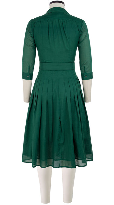 Audrey Dress #4 Shirt Collar 3/4 Sleeve Long Length Cotton Musola_Solid_Ivy Green