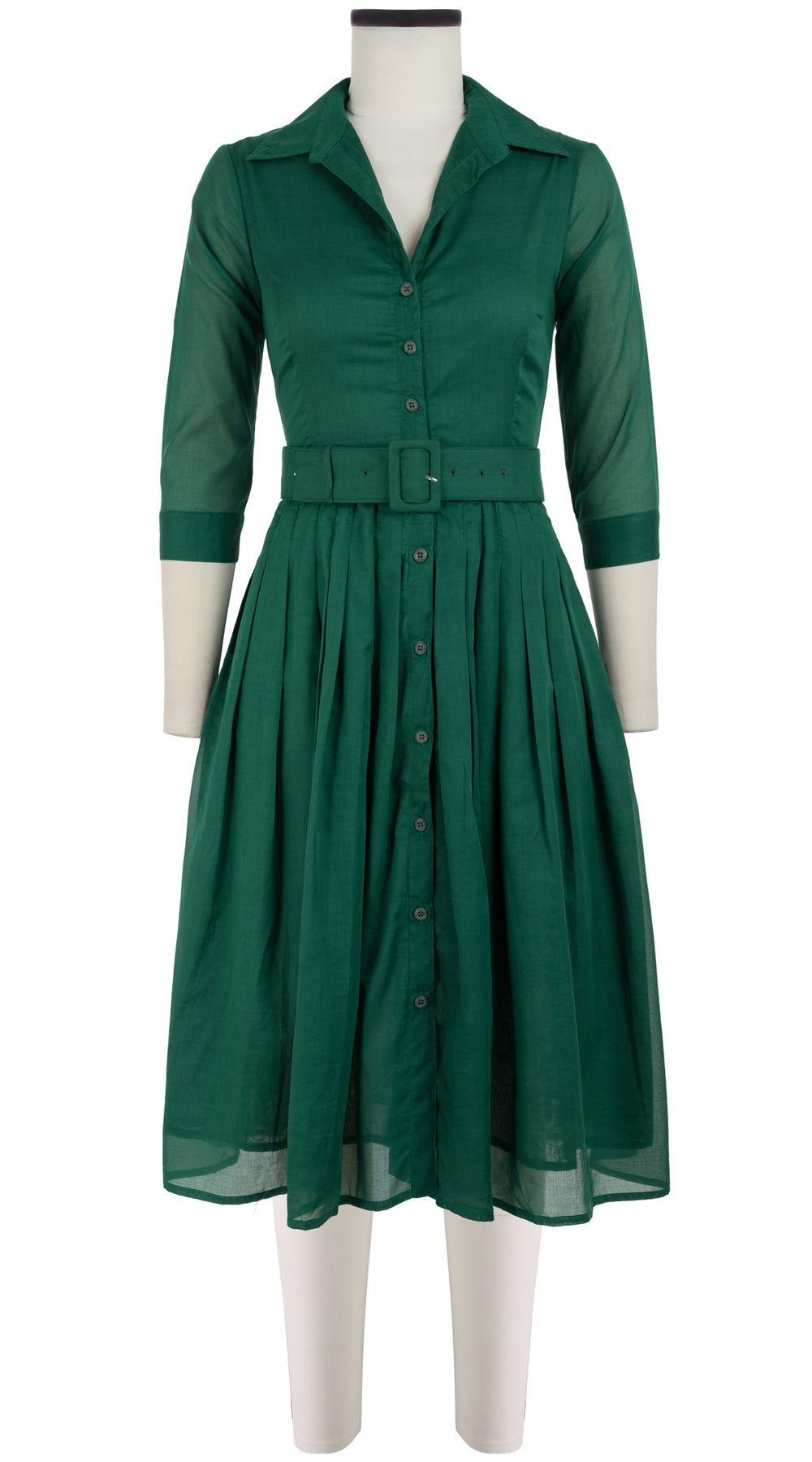Audrey Dress #4 Shirt Collar 3/4 Sleeve Long Length Cotton Musola_Solid_Ivy Green
