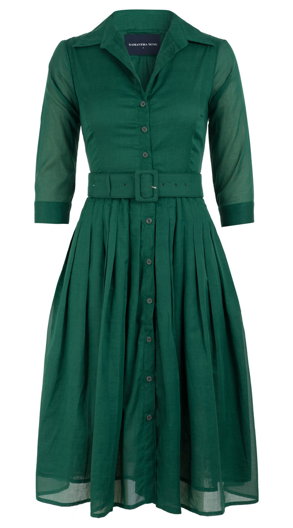 Audrey Dress #4 Shirt Collar 3/4 Sleeve Long Length Cotton Musola_Solid_Ivy Green