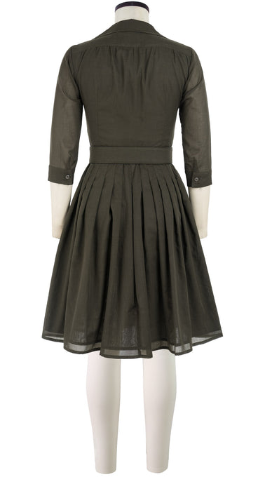 Audrey Dress #4 Shirt Collar 3/4 Sleeve Cotton Musola_Solid_Khaki Green