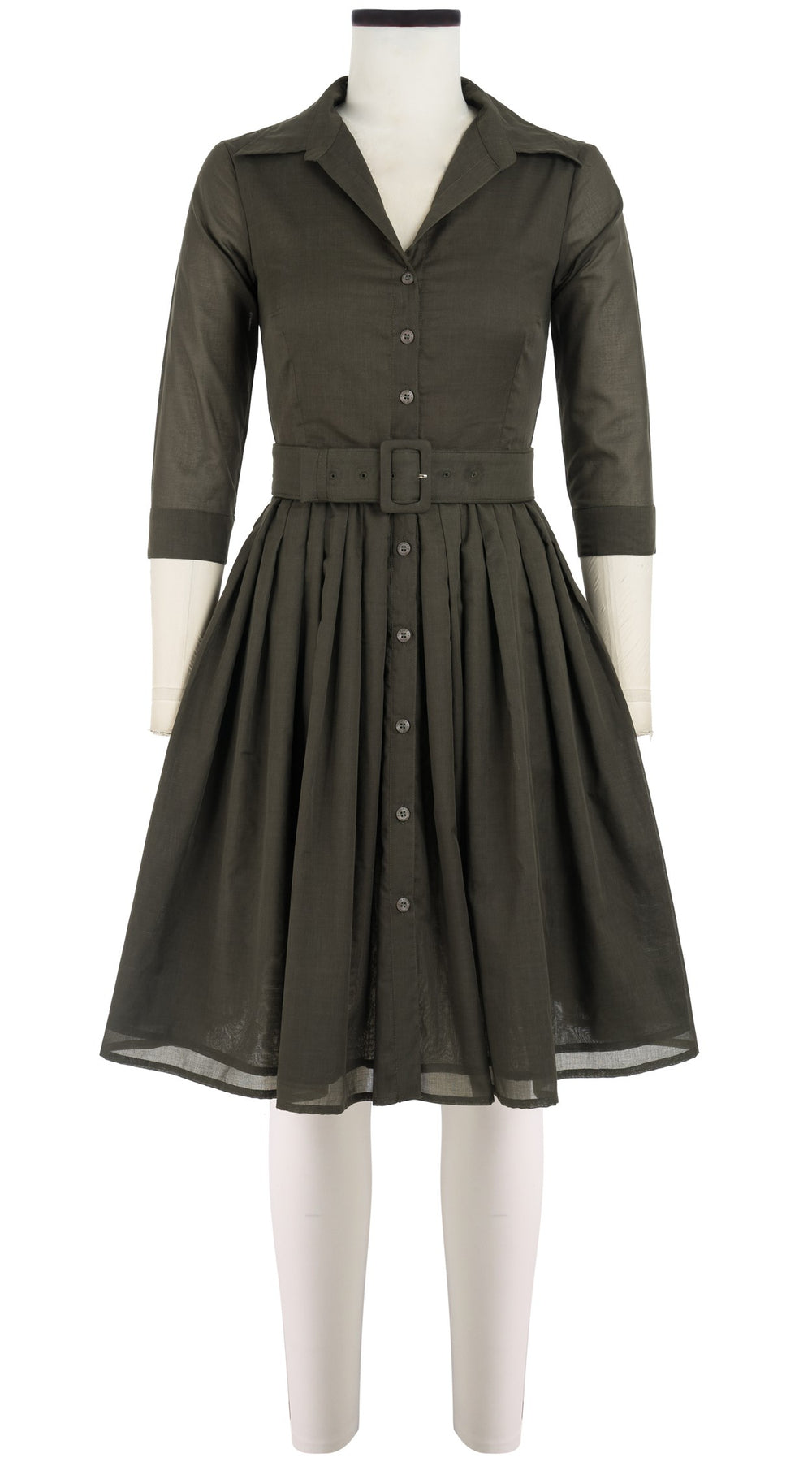 Audrey Dress #4 Shirt Collar 3/4 Sleeve Cotton Musola_Solid_Khaki Green