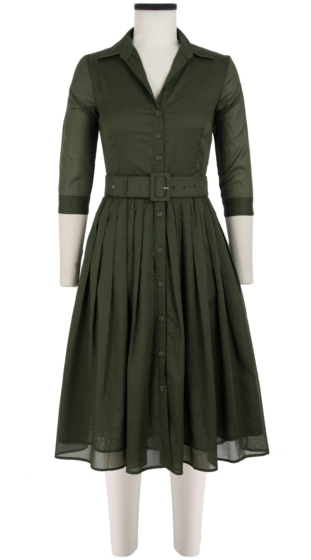 Audrey Dress #4 Shirt Collar 3/4 Sleeve Midi Length Cotton Musola_Solid_Khaki Green