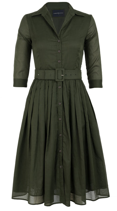 Audrey Dress #4 Shirt Collar 3/4 Sleeve Midi Length Cotton Musola_Solid_Khaki Green
