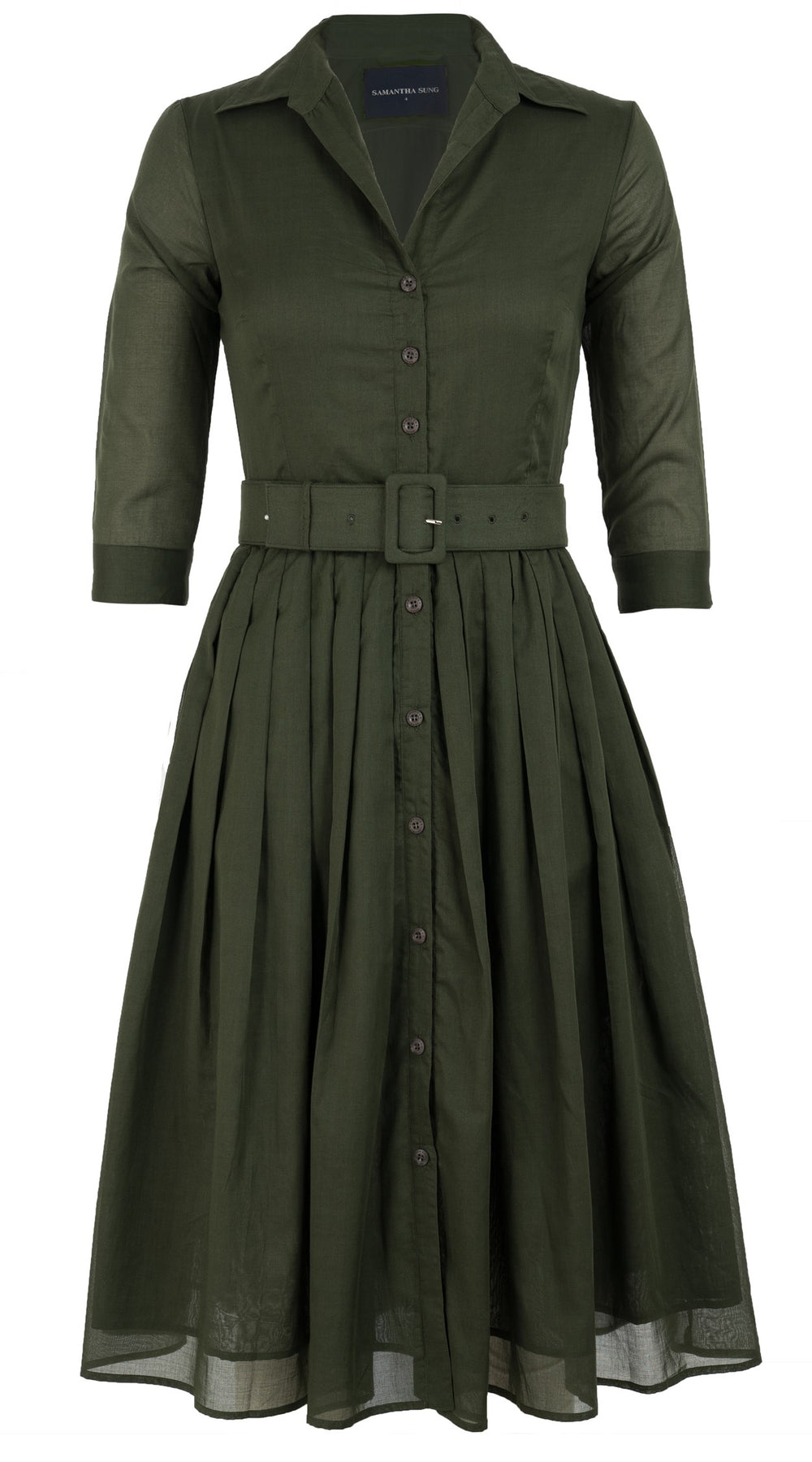 Audrey Dress #4 Shirt Collar 3/4 Sleeve Midi Length Cotton Musola_Solid_Khaki Green