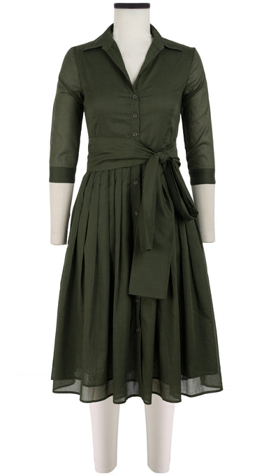 Audrey Dress #4 Shirt Collar 3/4 Sleeve Midi Length Cotton Musola_Solid_Khaki Green