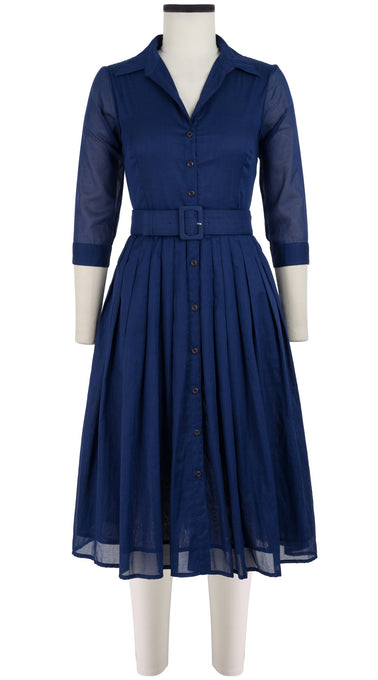 Audrey Dress #4 Shirt Collar 3/4 Sleeve Long Length Cotton Musola_Solid_Marine Blue