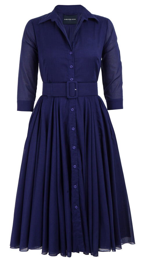 Aster Dress Shirt Collar 3/4 Sleeve Midi Length Cotton Musola_Solid_Marine Blue