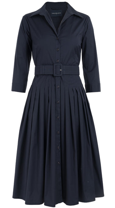 Audrey Dress #2 Shirt Collar 3/4 Sleeve Long Length Cotton Stretch_Solid_Navy
