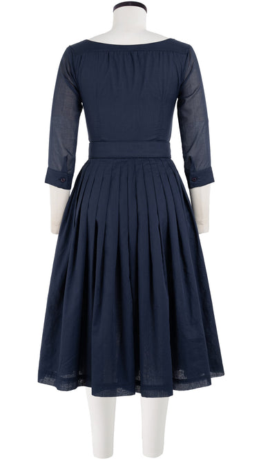 Florance Dress #2 Boat Neck 3/4 Sleeve Long Length Cotton Musola_Solid_Navy
