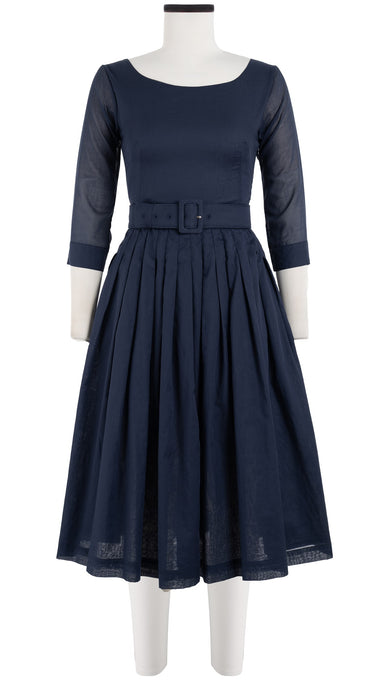 Florance Dress #2 Boat Neck 3/4 Sleeve Long Length Cotton Musola_Solid_Navy