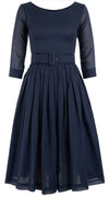 Florance Dress #2 Boat Neck 3/4 Sleeve Long Length Cotton Musola_Solid_Navy