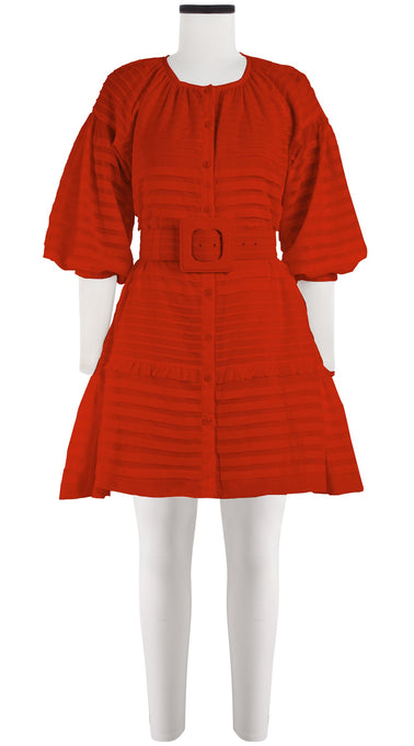 Birdy Dress #5 Crew Neck Shirt 3/4 Puff Sleeve with Hamilton Belt Mini Length Cotton Musola (Solid)