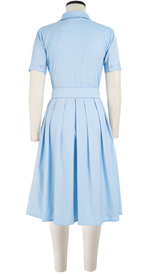 Audrey Dress #1 Shirt Collar Short Sleeve Cotton Stretch_Solid_Shirting Blue