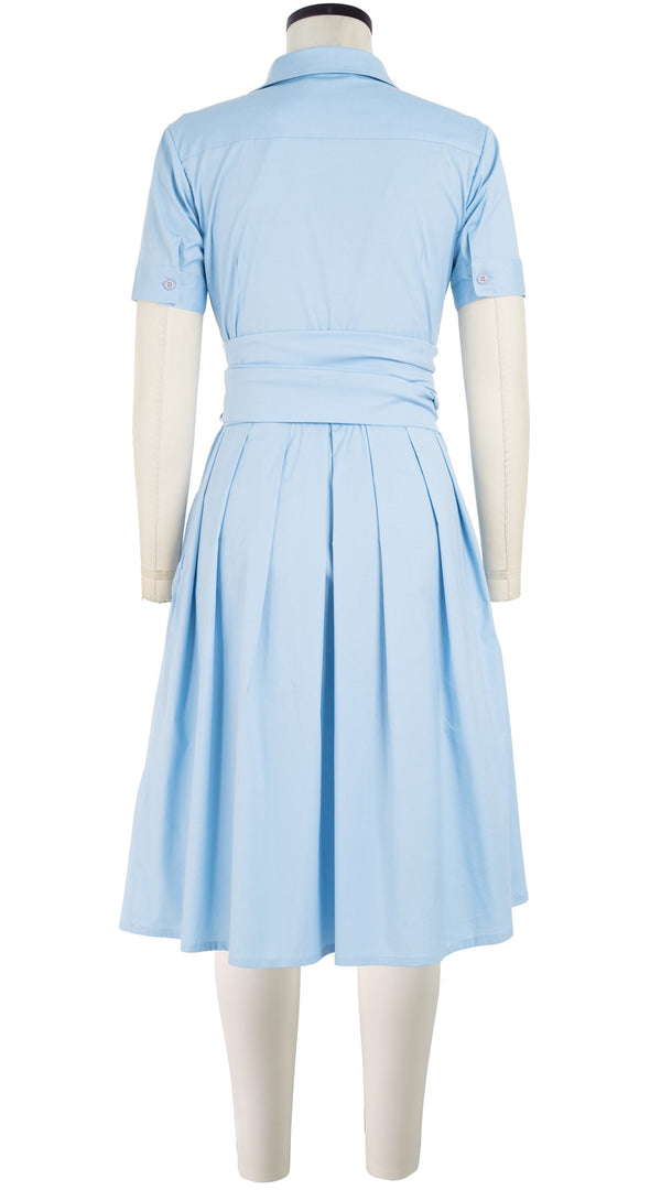 Audrey Dress #1 Shirt Collar Short Sleeve Cotton Stretch_Solid_Shirting Blue