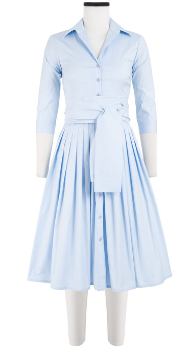Audrey Dress #2 Shirt Collar 3/4 Sleeve Long Length Cotton Stretch_Solid_Shirting Blue