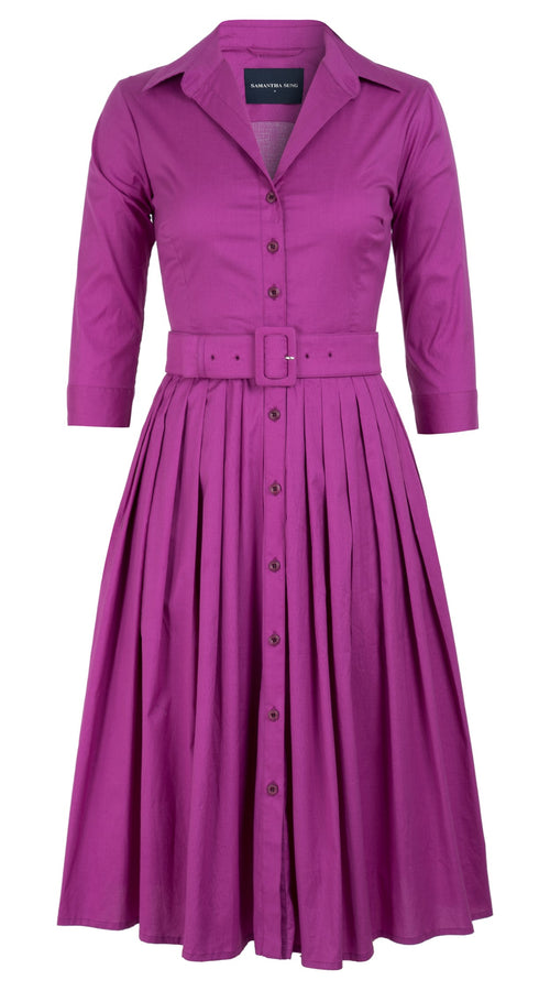 Audrey Dress #2 Shirt Collar 3/4 Sleeve Long Length Cotton Stretch_Solid_Taffy Pink