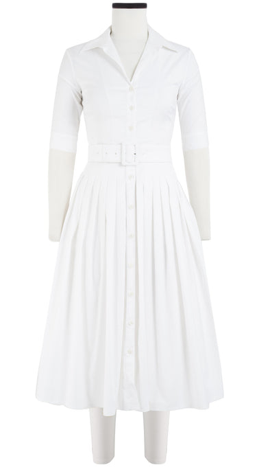 Audrey Dress #2 Shirt Collar 1/2 Sleeve Midi Length Cotton Stretch_Solid_White