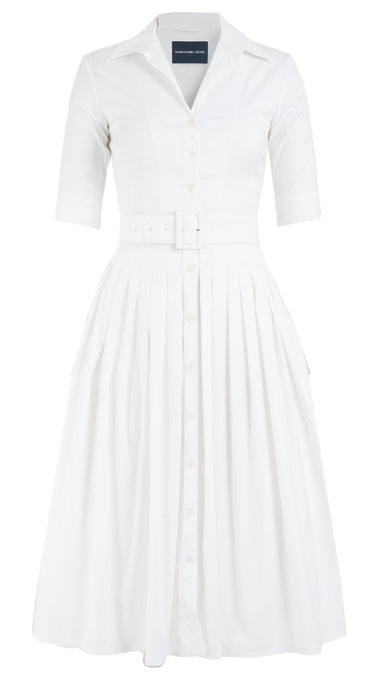 Audrey Dress #2 Shirt Collar 1/2 Sleeve Midi Length Cotton Stretch_Solid_White