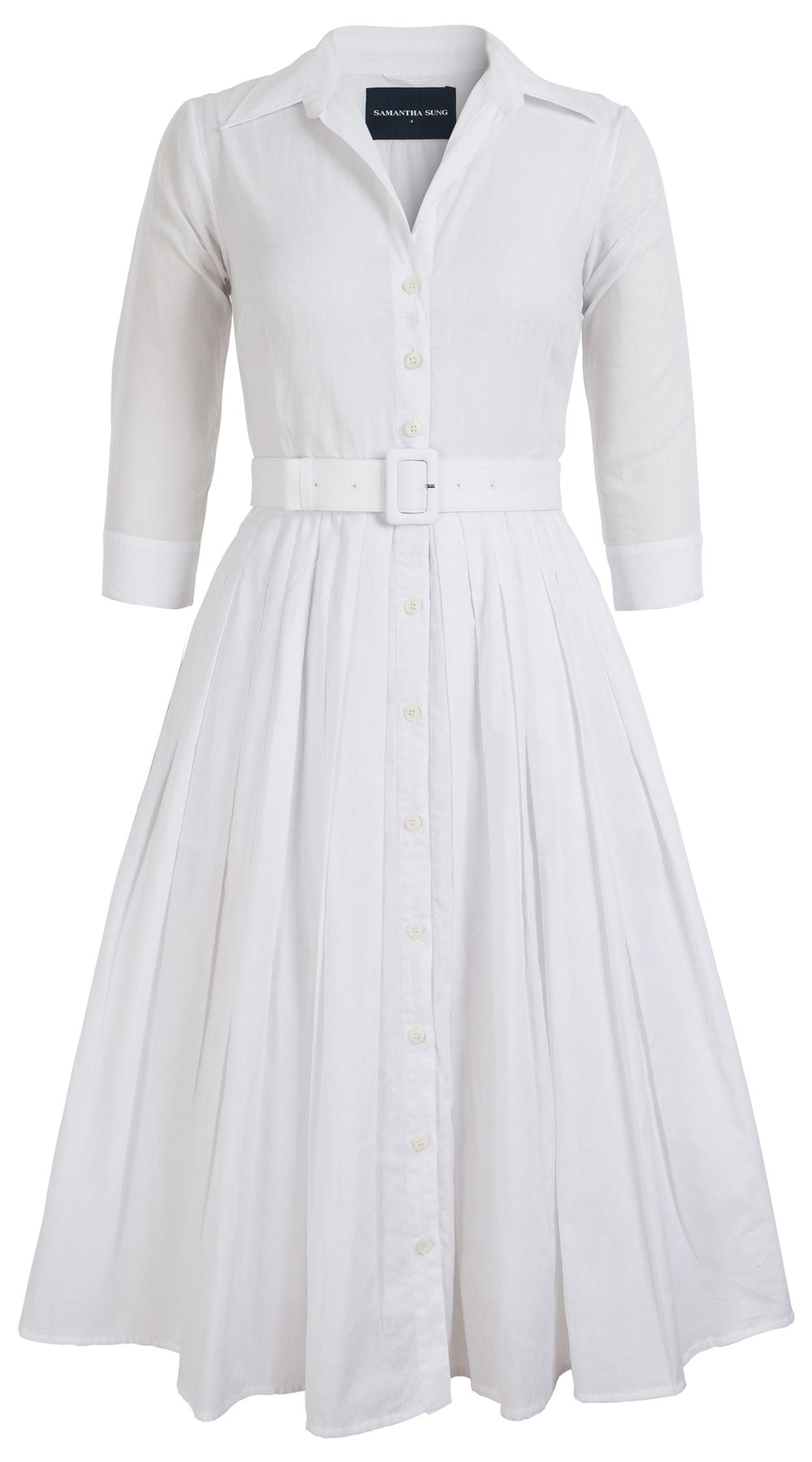 Audrey Dress #4 Shirt Collar 3/4 Sleeve Midi Length Cotton Musola_Solid_White