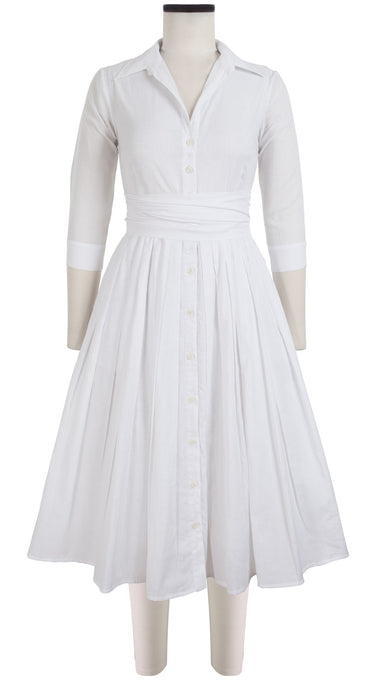 Audrey Dress #4 Shirt Collar 3/4 Sleeve Midi Length Cotton Musola_Solid_White