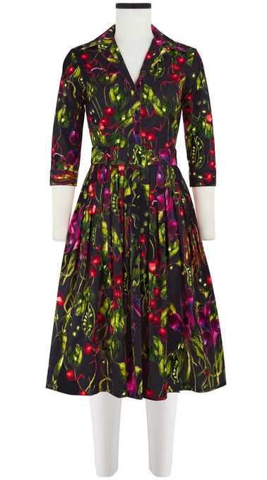 Audrey Dress #2 Shirt Collar 3/4 Sleeve Long Length Cotton Stretch (Summer Vegetables)