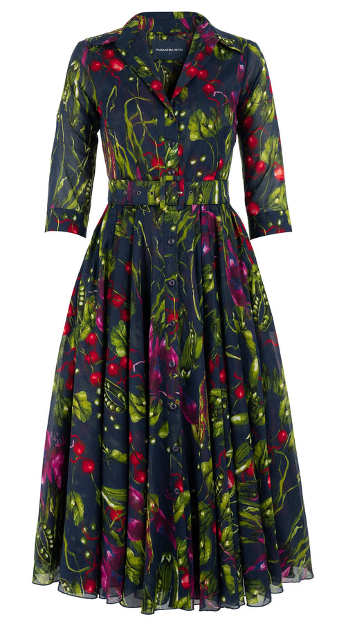 Aster Dress Shirt Collar 3/4 Sleeve Midi Length Cotton Musola (Summer Vegetables)