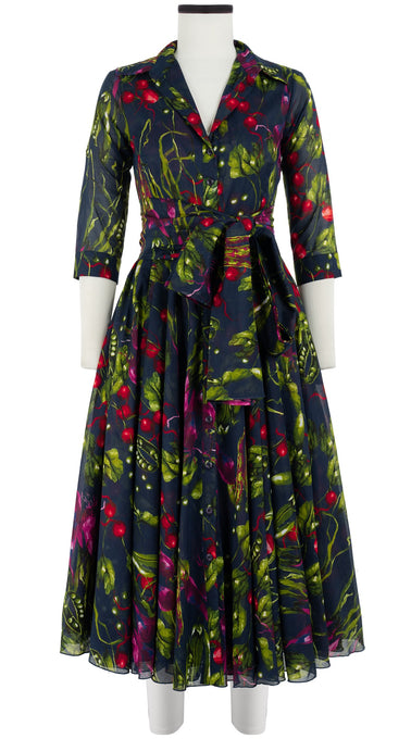 Aster Dress Shirt Collar 3/4 Sleeve Midi Length Cotton Musola (Summer Vegetables)