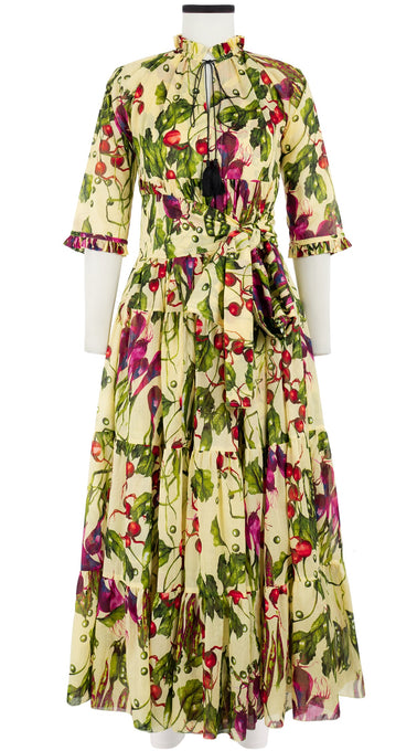 Eden Dress Crew Neck 3/4 Sleeve with Hamilton Belt Maxi Length Cotton Musola (Summer Vegetables)