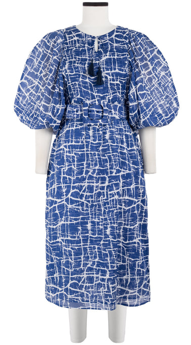 Anastasia Dress Crew Neck Slit 3/4 Puff Sleeve with Hamilton Belt Midi Length Cotton Musola (Thorn Branches)