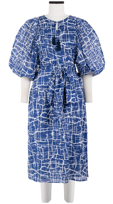 Anastasia Dress Crew Neck Slit 3/4 Puff Sleeve with Hamilton Belt Midi Length Cotton Musola (Thorn Branches)
