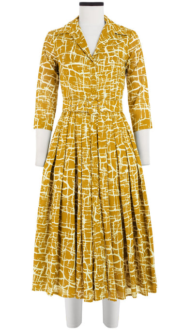 Audrey Dress #4 Shirt Collar 3/4 Sleeve Midi Plus Length Cotton Musola (Thorn Branches)