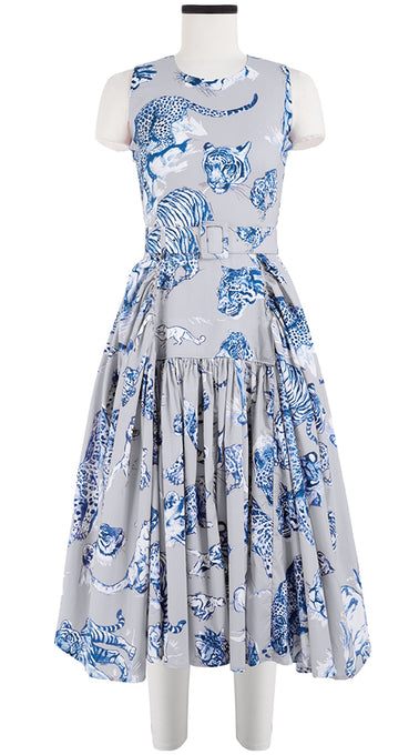 Clara Dress Crew Neck Sleeveless Long Length Cotton Stretch (Tiger Toile Ground)