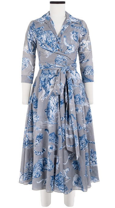 Olivia Dress Shirt Collar 3/4 Sleeve Midi Length Cotton Musola (Tiger Toile Ground)