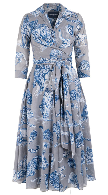 Olivia Dress Shirt Collar 3/4 Sleeve Midi Length Cotton Musola (Tiger Toile Ground)