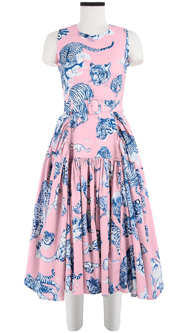 Clara Dress Crew Neck Sleeveless Long Length Cotton Stretch (Tiger Toile Ground)