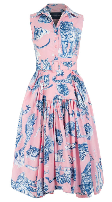 Clara Dress Shirt Collar Sleeveless Long Length Cotton Stretch (Tiger Toile Ground)