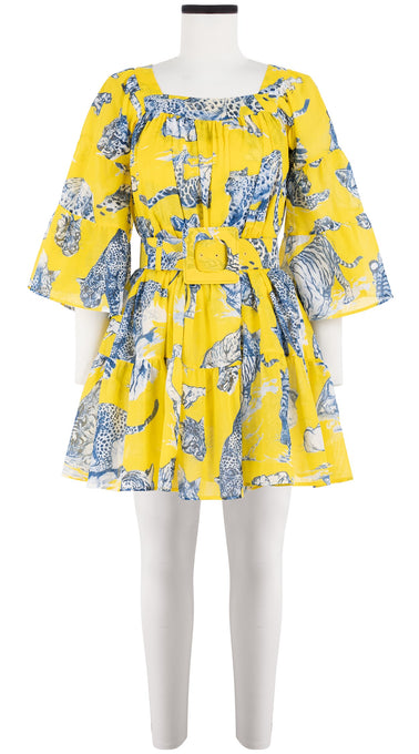 Cozette Dress Square Neck 3/4 Sleeve with Hamilton Belt Mini Length Cotton Musola (Tiger Toile Ground)